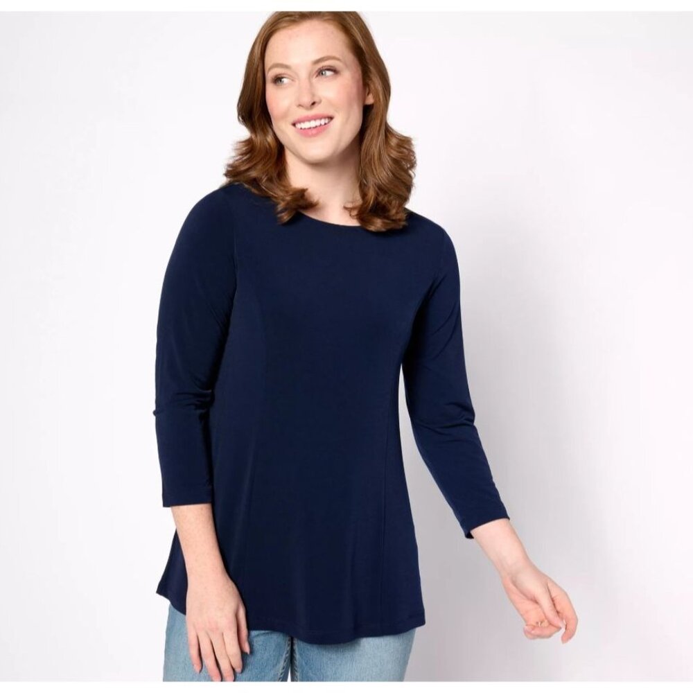 Susan Graver Modern Essentials Liquid Knit Fit and Flare Top Size XXS Navy Blue